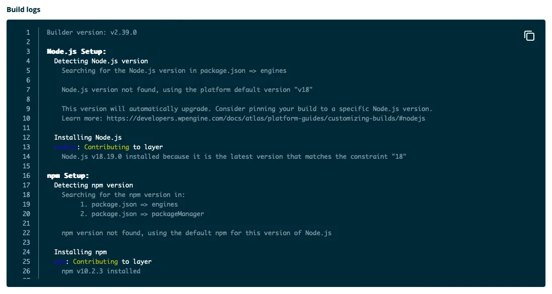Logging output for a failed Headless Platform build